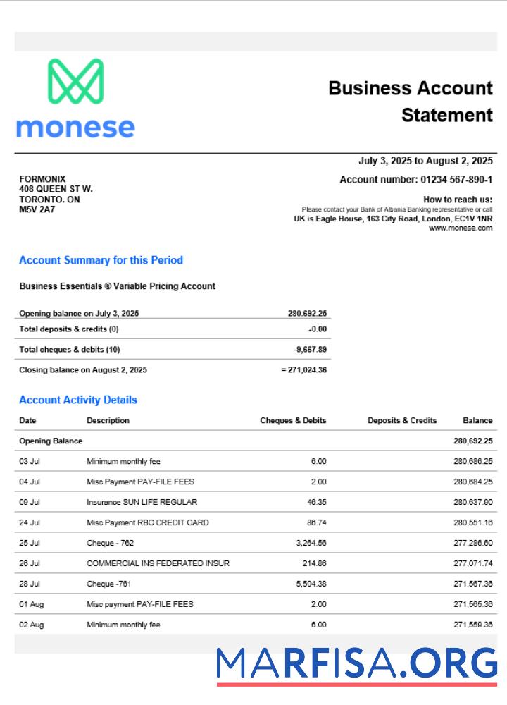 Blank United Kingdom Monese firm account statement Word and PDF template